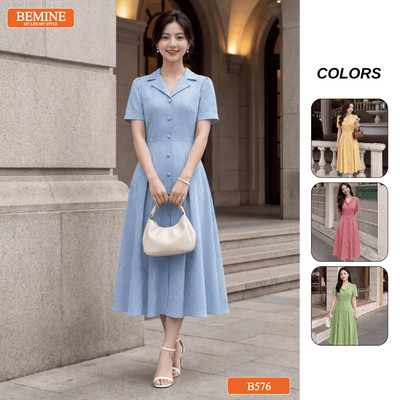 Đầm thiết kế BEMINE cổ vest nút bọc dáng chữ A phù hợp đi làm,đi chơi-B576