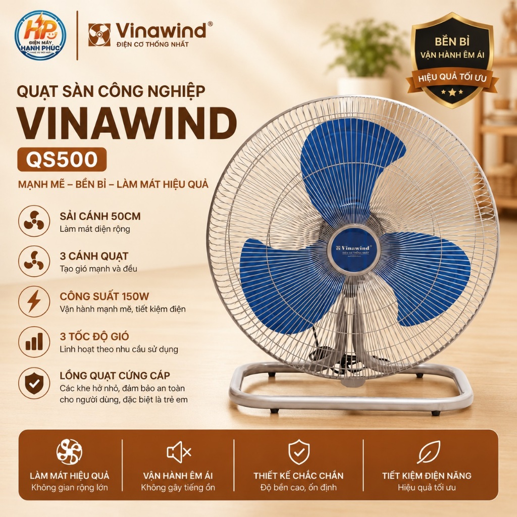 Quạt Sàn Công Nghiệp Vinawind QS500 - Sải cánh 50cm, Công suất lớn, Bền bỉ, Hàng chính hãng