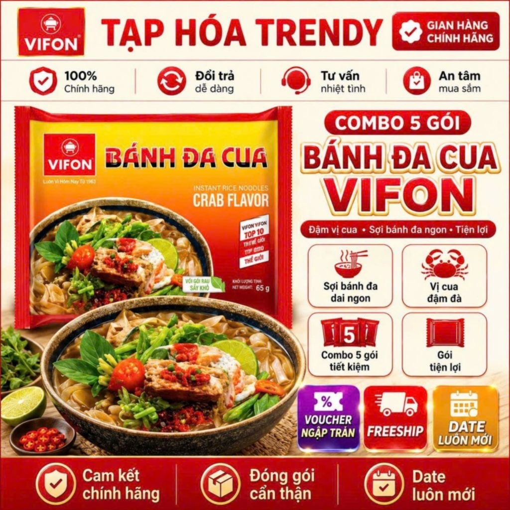 Combo 5 Gói Bánh Đa Cua Vifon Gói 65G - Chuẩn Vị Đa Cua, Đậm Đà