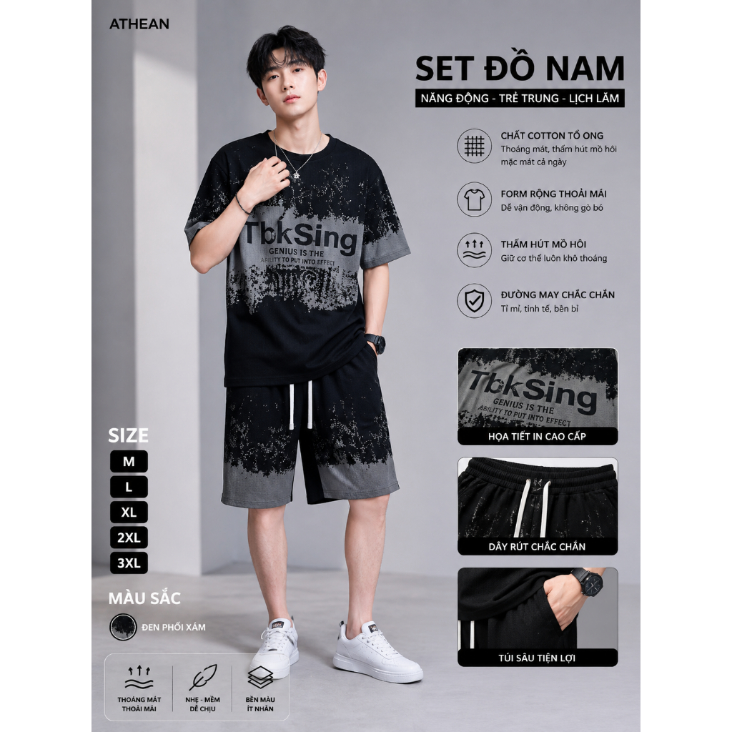 (DEAL MỞ BÁN ): Bộ quần áo ATHEAN ( M :TBK SING ) cổ tròn in chàm thân ,chất vải tổ ong thoáng mát