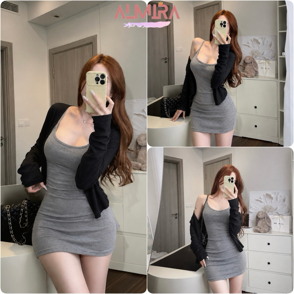 Sét Váy 2 Dây Bozip Màu Xám Kèm Áo Cardigan Màu Đen Almira Store