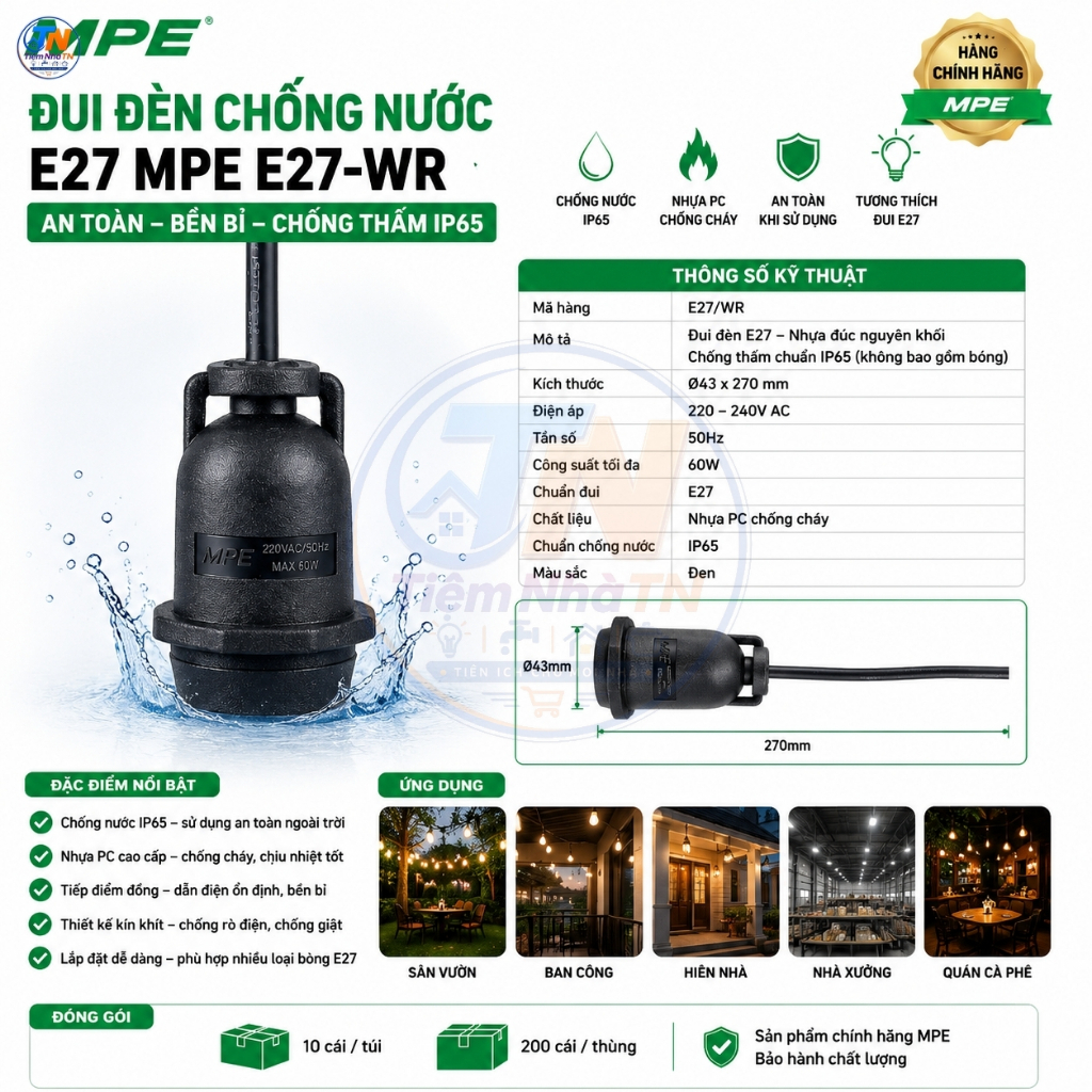 Đui Đèn Chống Nước E27 MPE E27-WR Chuôi Đèn E27 Chống Thấm IP65 Nhựa PC Chịu Nhiệt Dùng Ngoài Trời