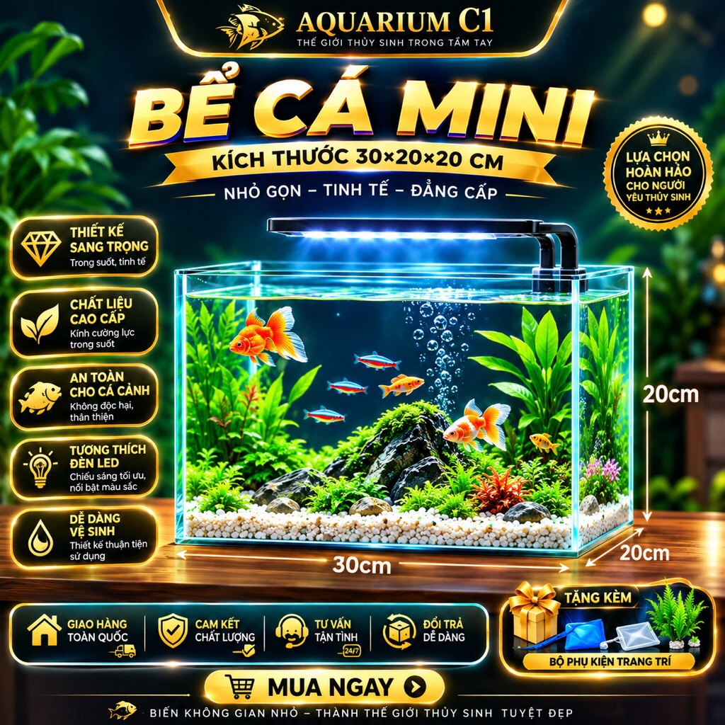 Bể Cá Mini 30x20x20cm Kính Trong Suốt Nuôi Cá Cảnh Làm Bể Thủy Sinh