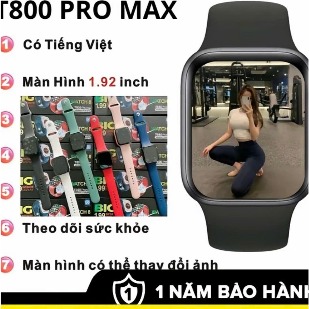 Đồng Hồ Thông Minh T800 Promax Viền Thép Đen, Đo Nhịp Tim, Kết Nối Bluetooth