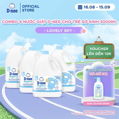 Combo 4 Nước giặt D-nee cho trẻ sơ sinh, mềm dịu, thơm nhẹ - Can 3000ml - Lovely Sky