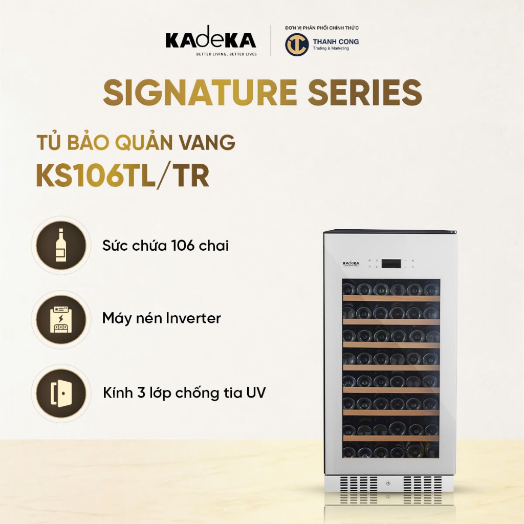 Tủ ướp vang KadeKa Signature KS106TL/TR, Sức chứa 106 chai - Màu Trắng