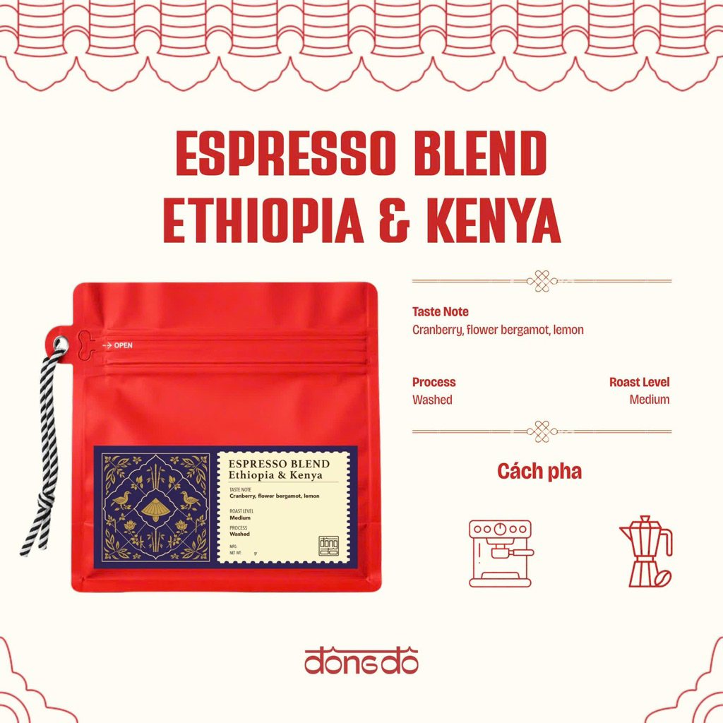 Cà phê Espresso Blend Ethiopia Yirgacheffe & Kenya Nyeri FAQ AA Rang Vừa - Đông Đô Coffee Roasters