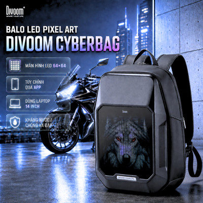 Balo màn hình LED DIVOOM Cyber bag 64x64 pixel, tuỳ chỉnh hình ảnh - video, chứa Laptop 15.6inch kháng nước, BH 12 tháng