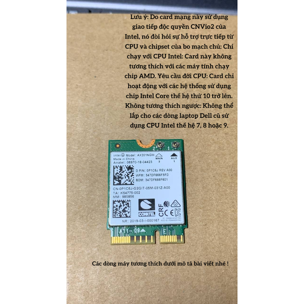 Card mạng  Wifi Intel Wi-Fi 6 AX201 201  0P1C6J  (Model: AX201NGW) hàng theo máy