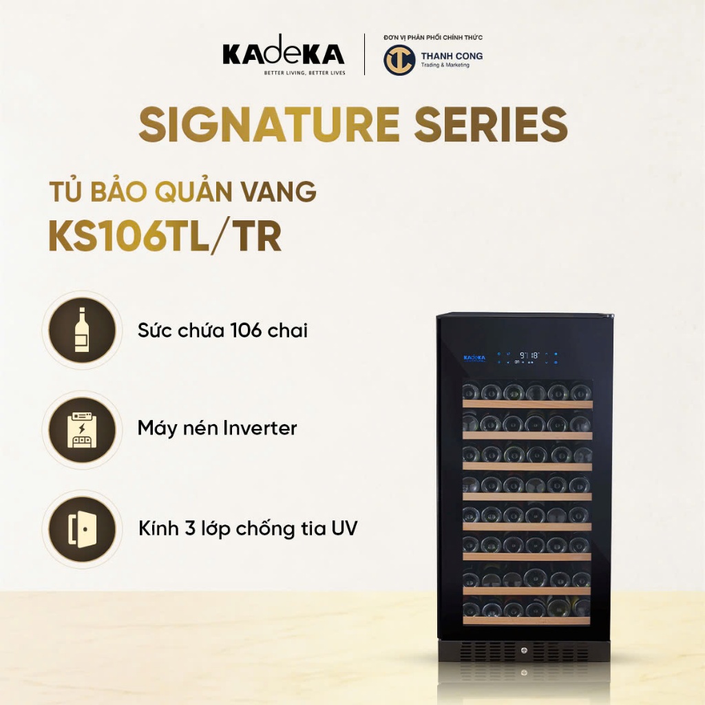 Tủ ướp vang KadeKa Signature KS106TL/TR, Sức chứa 106 chai - Màu Đen