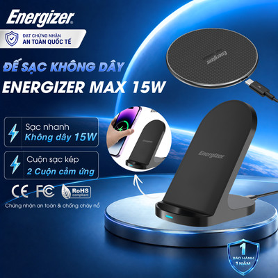Đế Sạc Không Dây Energizer Max 15W Kèm Cáp USB-C, Kiêm Giá đỡ Điện Thoại, Chính Hãng, Bảo Hành 1 Năm