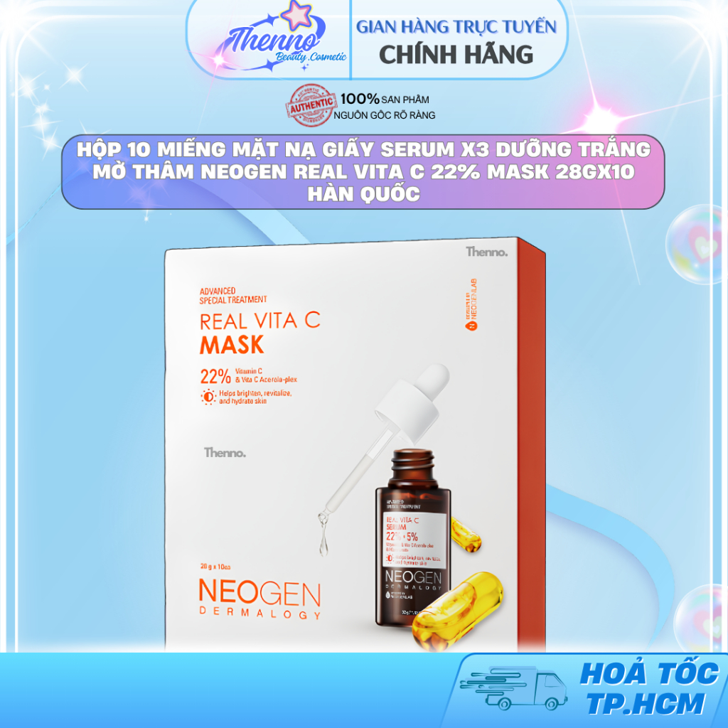 Hộp 10 Miếng Mặt Nạ Giấy Serum x3 Dưỡng Trắng Mờ Thâm Neogen Real Vita C 22% Mask 28gx10 Hàn Quốc