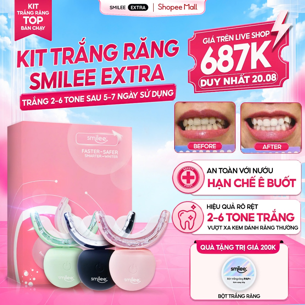 [GIÁ 574K LIVE ECOGO] Bộ Kit Trắng Răng SMILEE EXTRA, Làm Trắng Răng Bật 2-6 Tone Tại Nhà Phiên Bản 