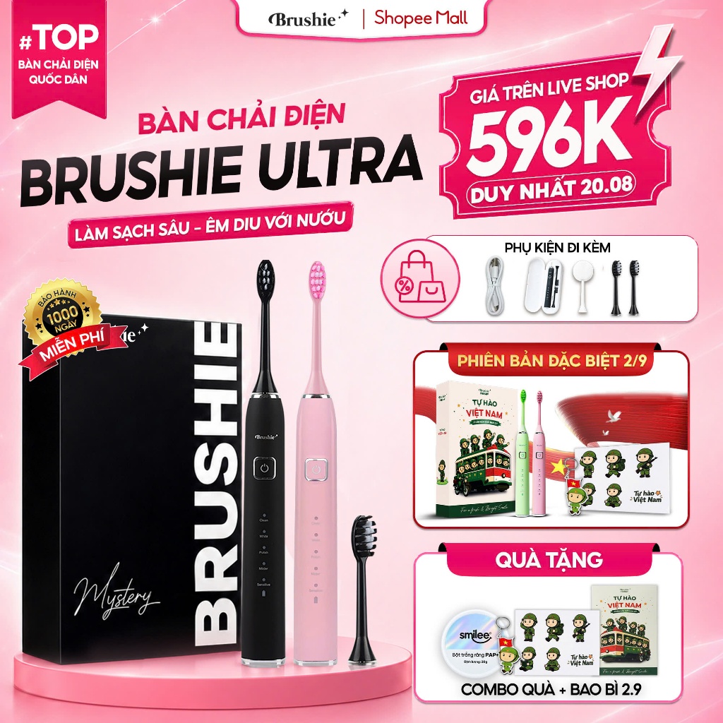 [GIÁ 568K LIVE SHOP] Bàn Chải Điện Brushie Ultra Plus Lông Mềm Mại An Toàn, Làm Sạch Mảng Bám, Tích 