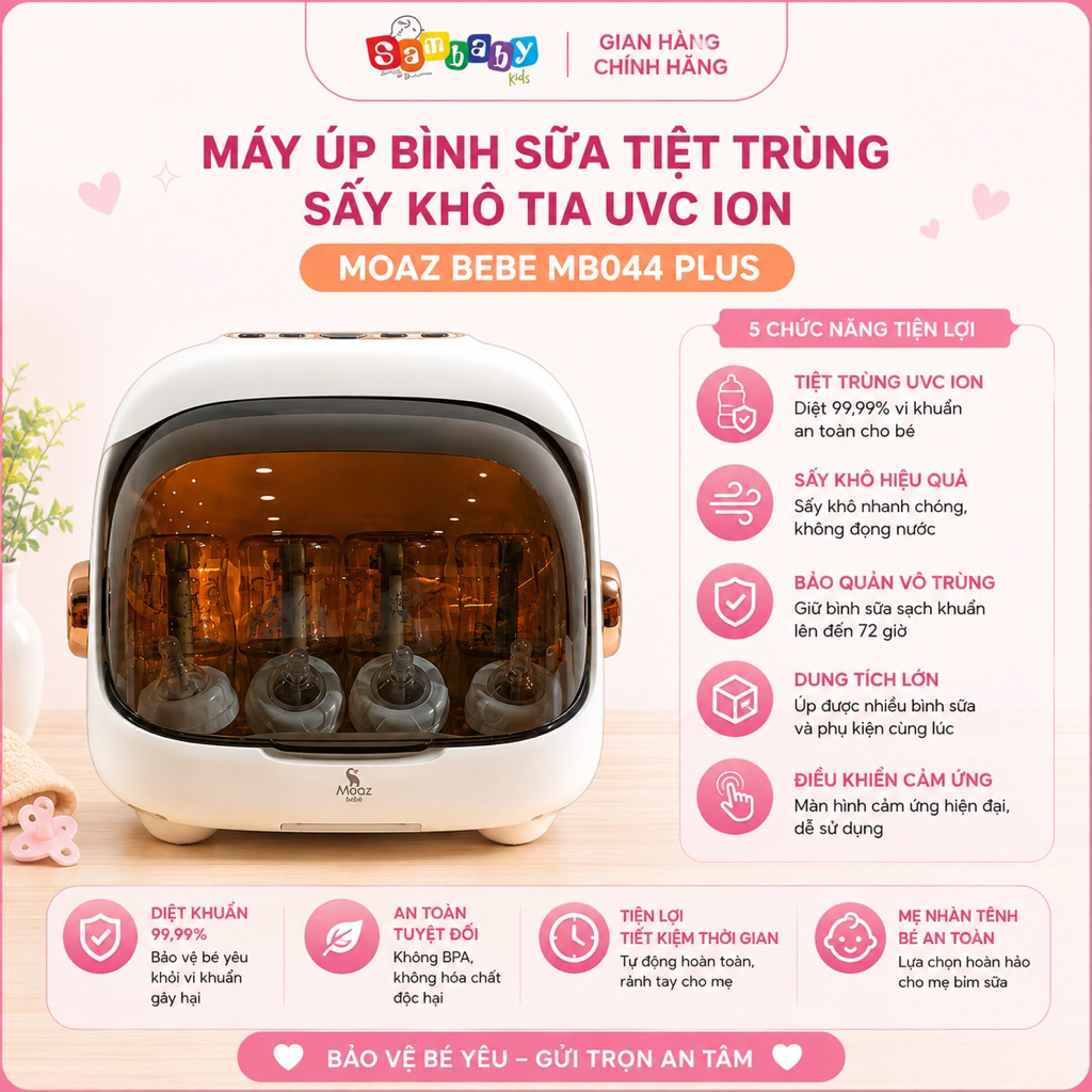 Máy Tiệt Trùng Bình Sữa Moaz BéBé MB044 Plus Chính Hãng - Sấy Khô Bình Sữa, Tia UVC Ion Khử Khuẩn, B