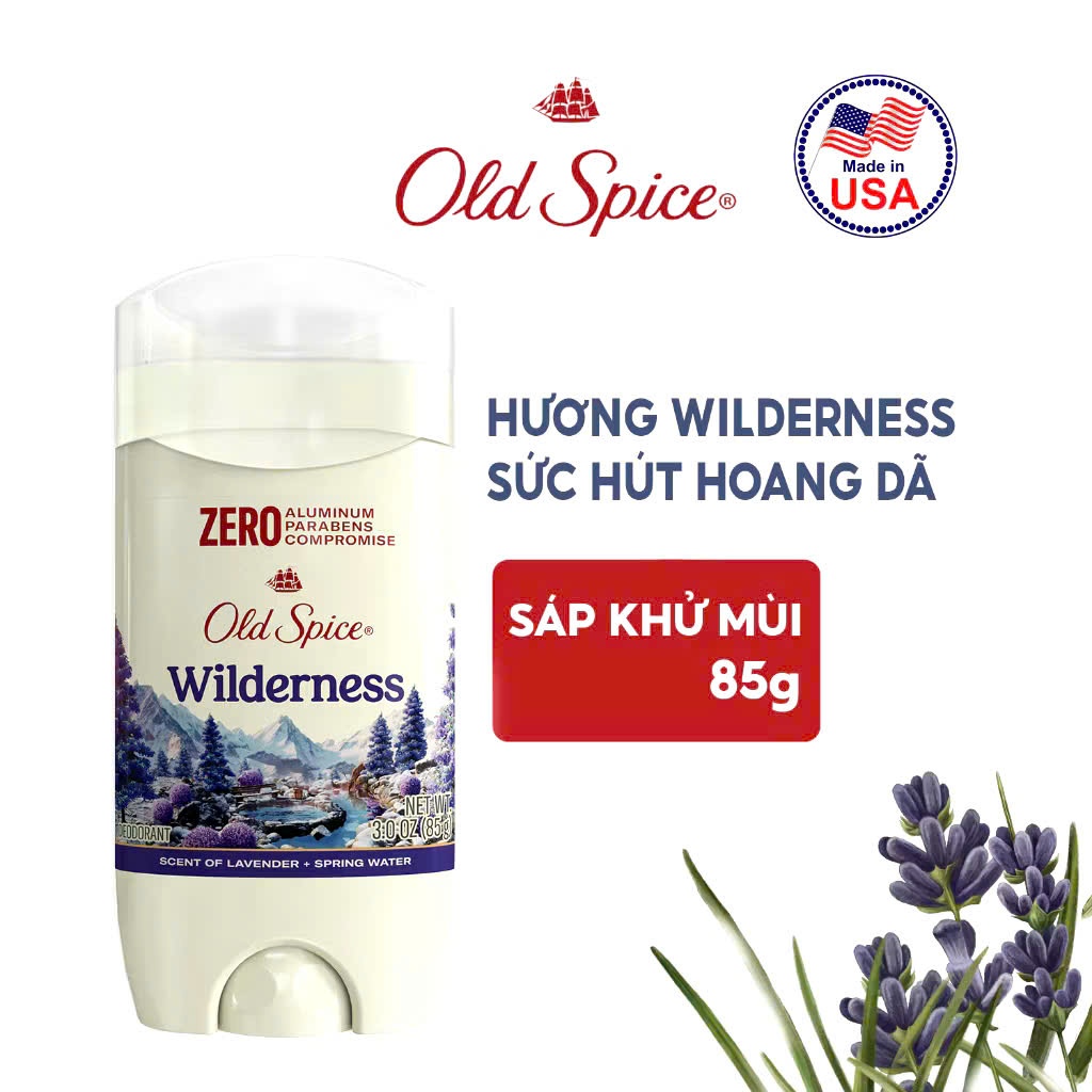 Lăn sáp khử mùi Old Spice Wilderness 85g mang lại hương thơm sâu sắc của hoa oải hương hoang dã