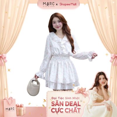 MARC FASHION_Đầm mini in hoa tay dài cổ phối bèo_CBDN052622
