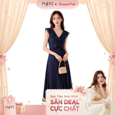 MARC FASHION_Đầm midi tơ chấm bi cổ V bèo_CBDD072605