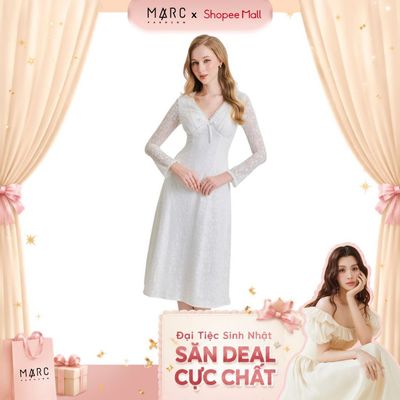MARC FASHION Đầm Kiểu nữ Ren Midi Tay Dài Cổ Tim Đính Nơ Cổ - FAQH100124