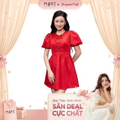 MARC FASHION  Đầm Kiểu Nữ Gấm Tay Phồng Phối Nơ - CBDN112503