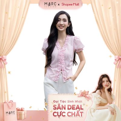 MARC FASHION Áo Sọc Tay Phồng Phối Bèo Viền Cổ - FAAK102518
