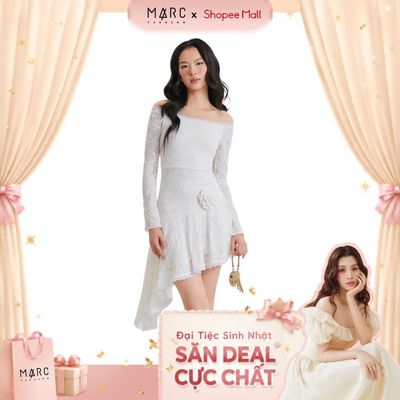 MARC FASHION Đầm Kiểu Nữ Ren Bẹt Vai Tay Dài Vạt Xéo Đính Hoa - FASH102124