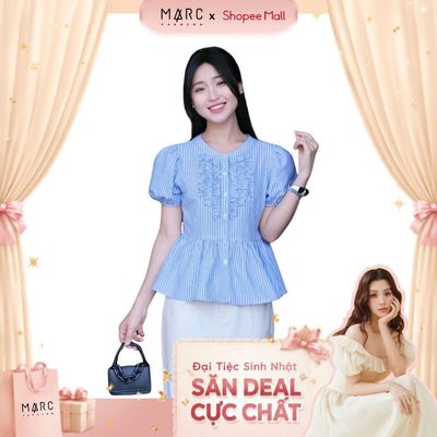 MARC FASHION Áo kiểu sọc tay phồng phối bèo ngực_CBAK022629