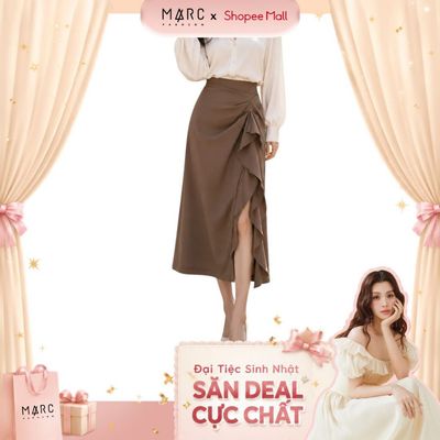 MARC FASHION_Chân váy midi xếp ly xẻ đùi phối bèo rũ_CBVD062619