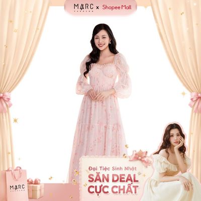 MARC FASHION Đầm midi voan hoa tay phồng dài - CBDD012612