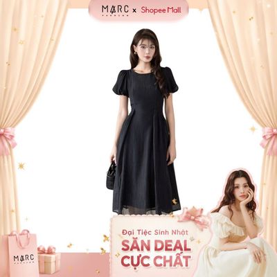 MARC FASHION Đầm midi tơ dập nhăn tay phồng_CBDD022625