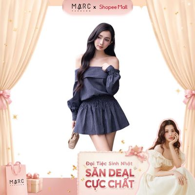 MARC FASHION Đầm Sọc Bẹt Vai Smocking Eo - TRDN102526