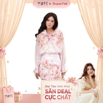 MARC FASHION Áo voan tơ in hoa cổ bèo tay phồng - CBAK032606