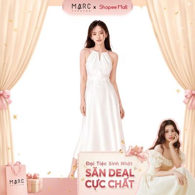MARC FASHION_Đầm midi cổ yếm xếp ly eo_CBDD072604