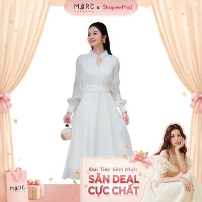 MARC FASHION Đầm midi tay dài cổ hoa voan thắt nơ_CBDD032628