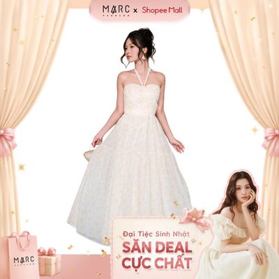MARC FASHION_Đầm maxi voan hoa kim tuyến thắt nơ cổ_CBDD052601