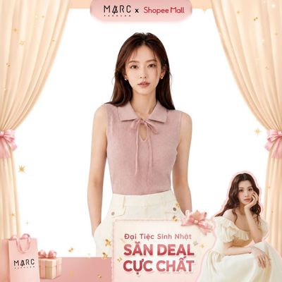 MARC FASHION_Áo thun có lá cổ dây ruy băng cột nơ_CBAK072624