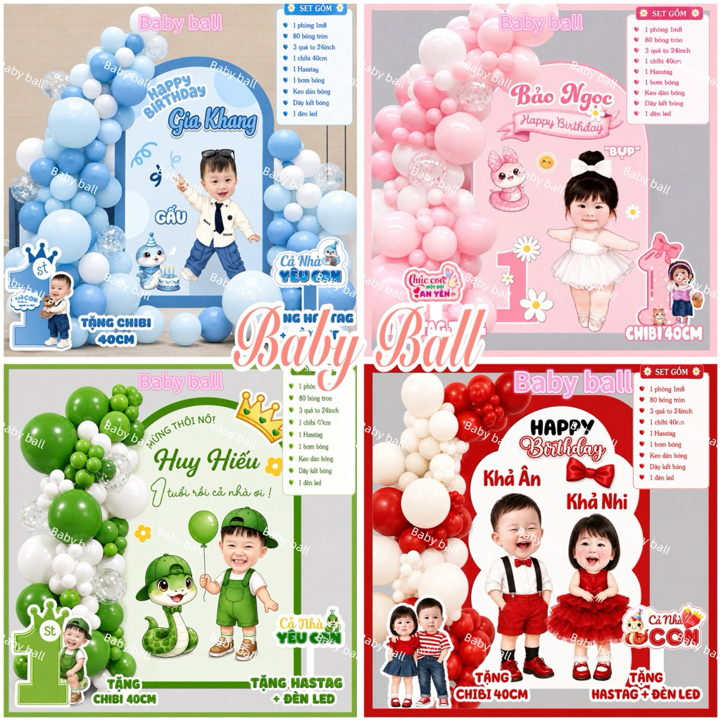 ( Tặng Chibi+ Hashtag ) Sét Bóng Kèm Phông 1m8 x 1m In Tên In Hình Bé Trai Bé Gái Trắng Trí Sinh Nhậ