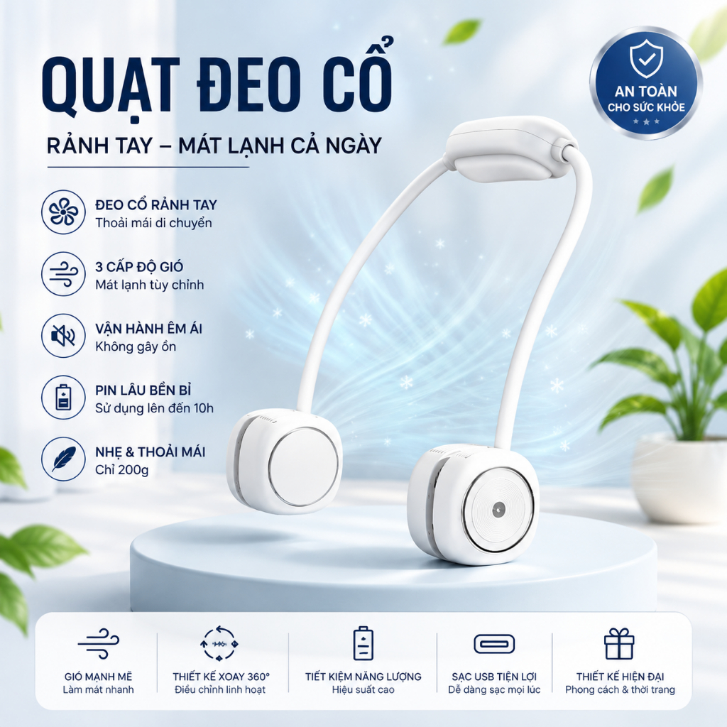 Quạt Đeo Cổ 2Lock 2400mAh, Quạt Quàng Cổ, Pin Sạc Tiện Lợi, Hàng Chính Hãng, nhadep_99
