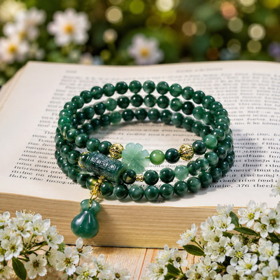 Chuỗi Vòng Tay Lam Ngọc Type A Dây Quấn 3 Vòng Charm Cỏ Bốn Lá - Ngọc Trai Trường Thịnh