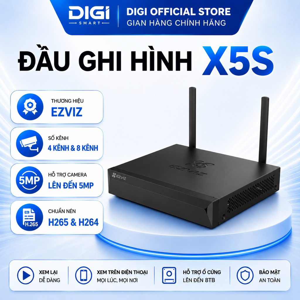 Đầu Ghi Hình EZVIZ X5S-4W 4 Kênh/8W 8 Kênh, NVR Kết Nối Camera Wifi EZVIZ Tối Đa 5MP