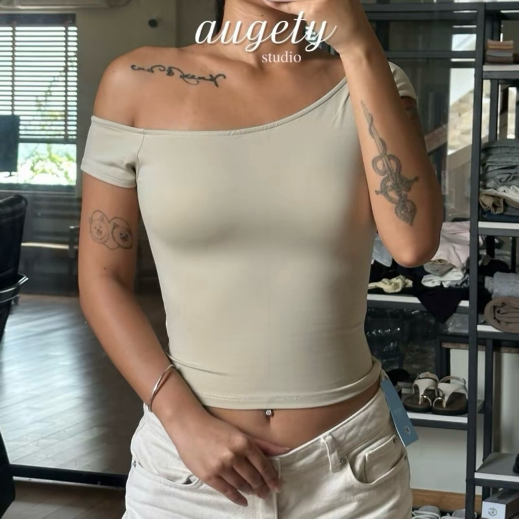 [THANH LÝ PASS] AUGETY ÁO ÔM LỆCH VAI MÀU BEIGE