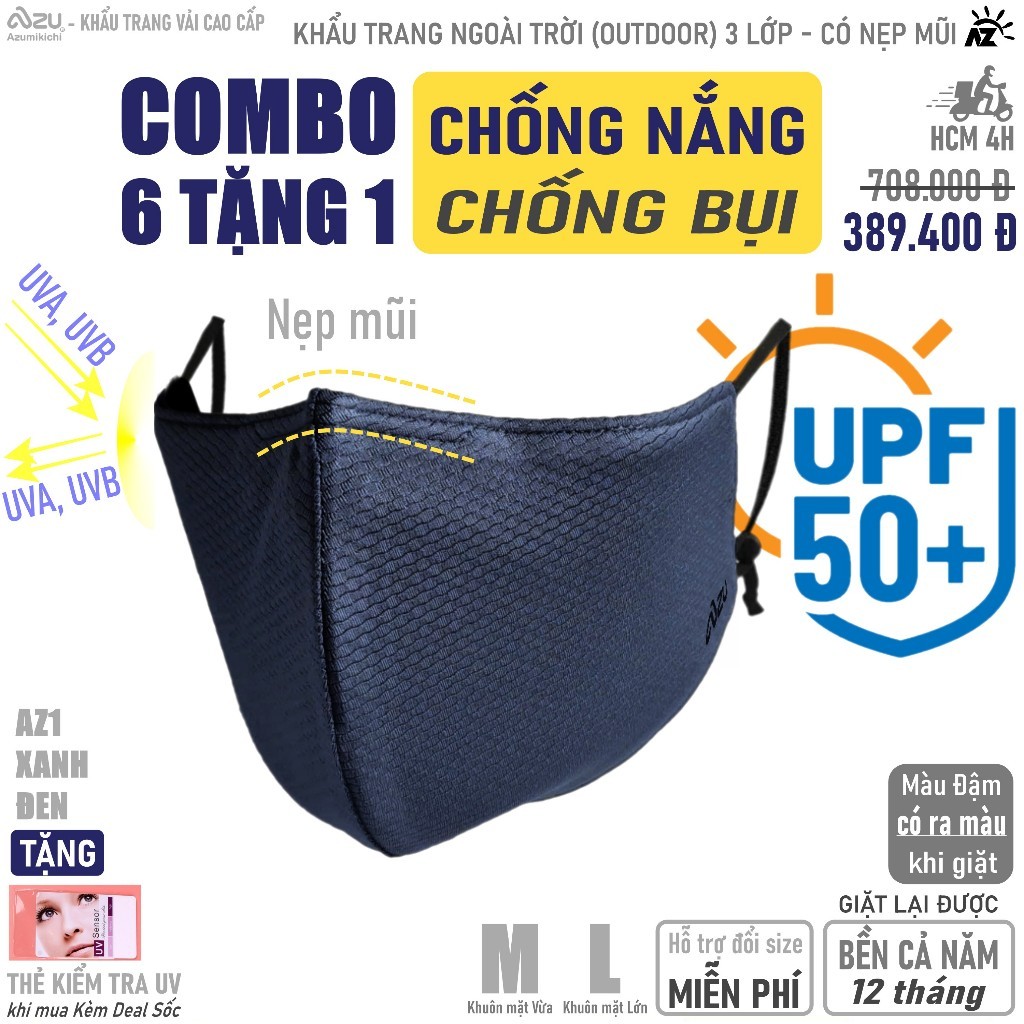 Khẩu trang vải chống nắng 3 lớp chống Tia UV và chống Bụi Mịn màu Xanh Đen có Nẹp Mũi Azumikichi AZ1