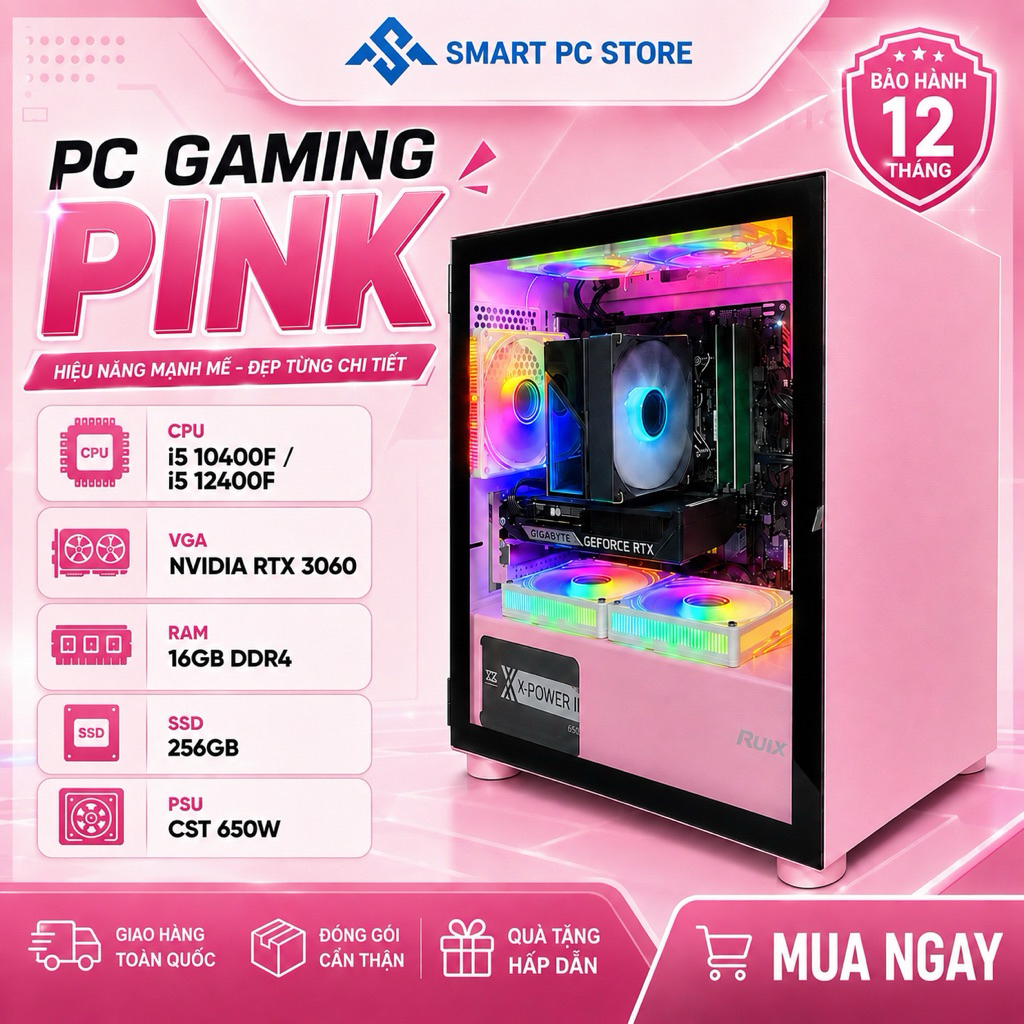 FULL BỘ PC GAMING CASE HỒNG, I5 10400F + RTX 3060, CHIẾN GAME PUBG PC, GTAV, LIVESTREAM, ĐỒ HỌA, REN