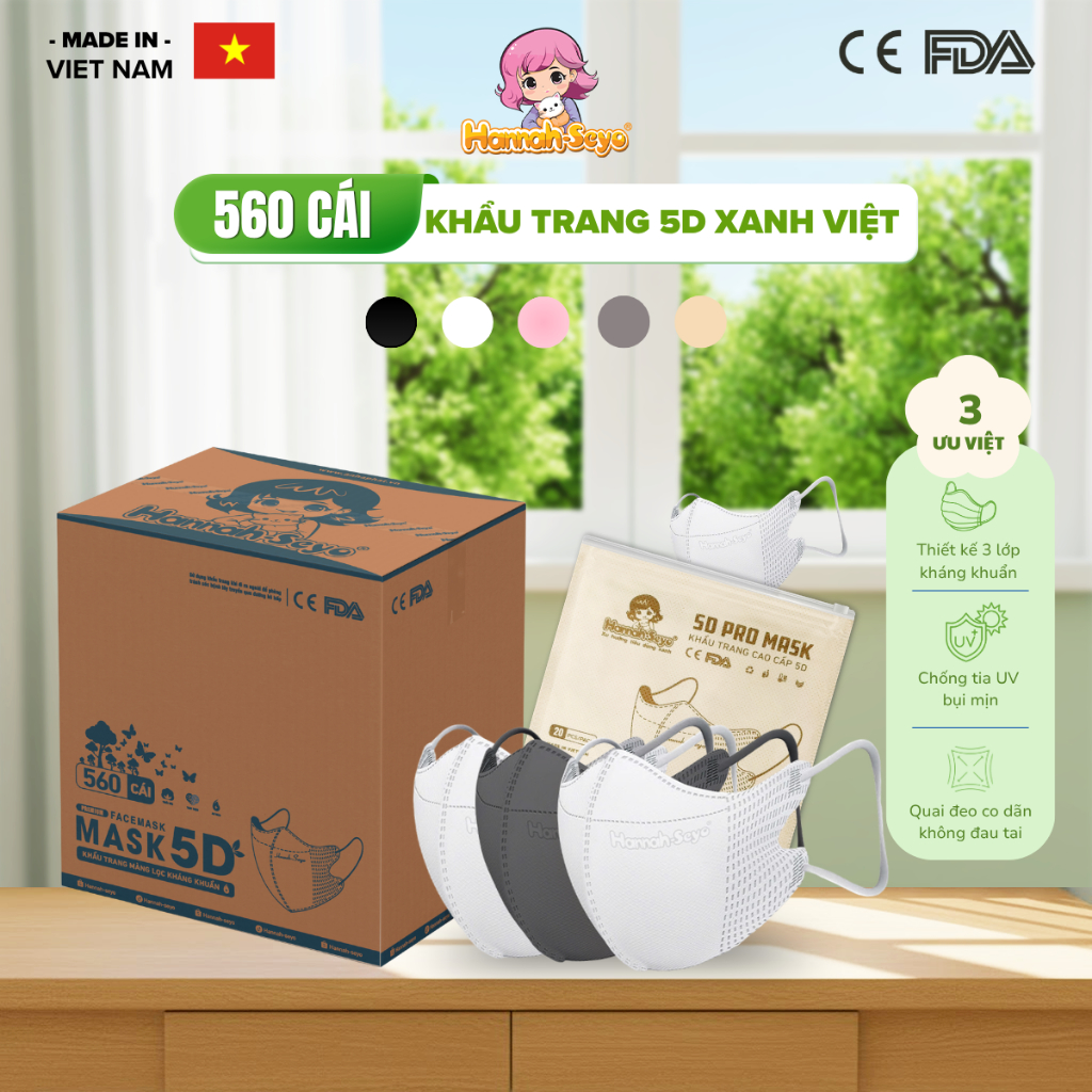 [Thùng 500/560 Chiếc] Khẩu trang 5D Hannah Seyo 3 lớp dày – Chống UV, chống nắng, bụi mịn, thoáng kh