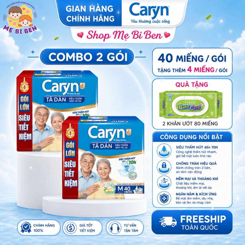 [GIÁ THÙNG 2 GÓI] Tã Bỉm Dán Người Lớn Caryn Siêu Thấm Size M40+4 L40+4 /XL20 Miếng Gói Siêu Tiết Ki