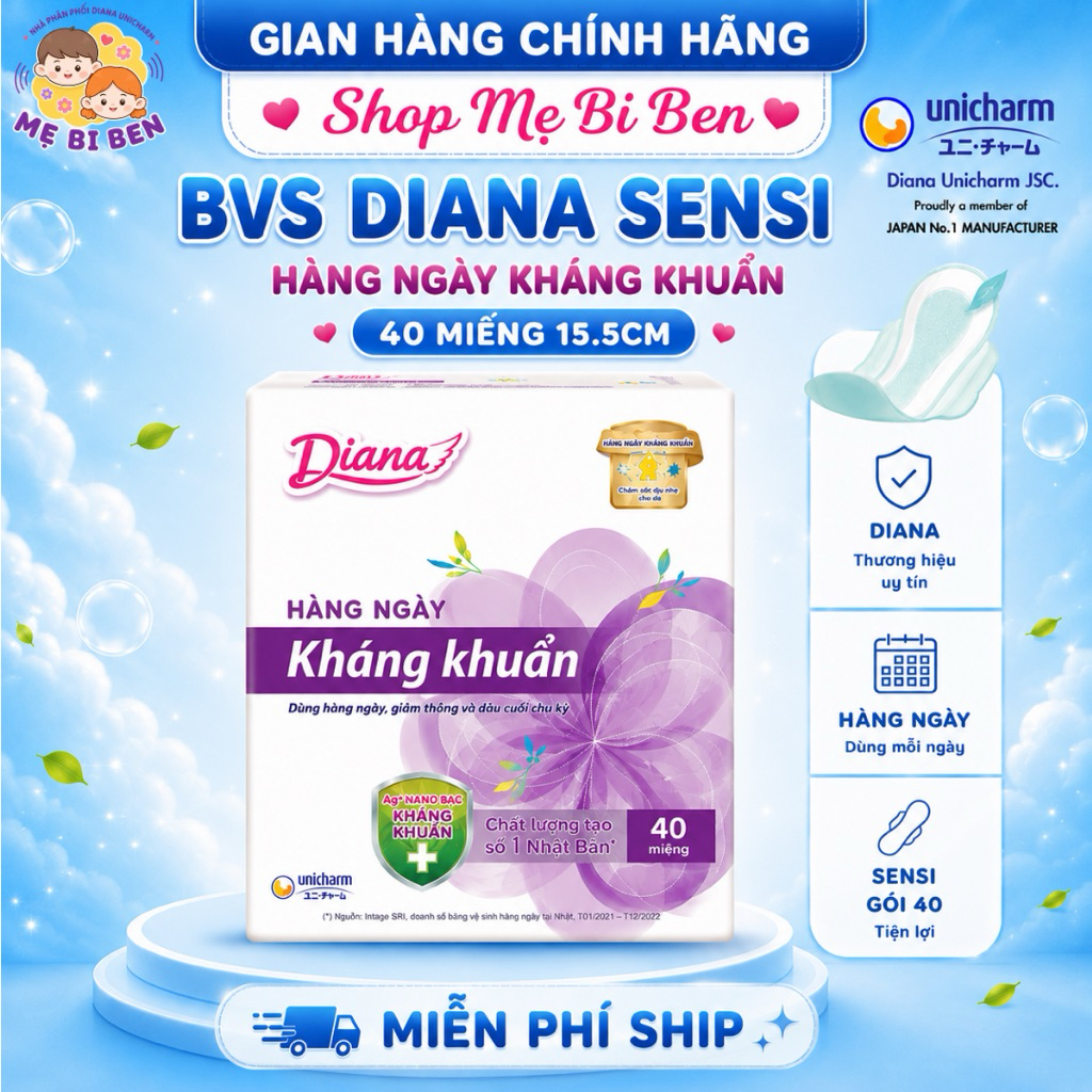 [Gói 40 miếng] Băng Vệ Sinh Diana Sensi Hàng Ngày Kháng Khuẩn 40 Miếng 15.5cm - Chính Hãng