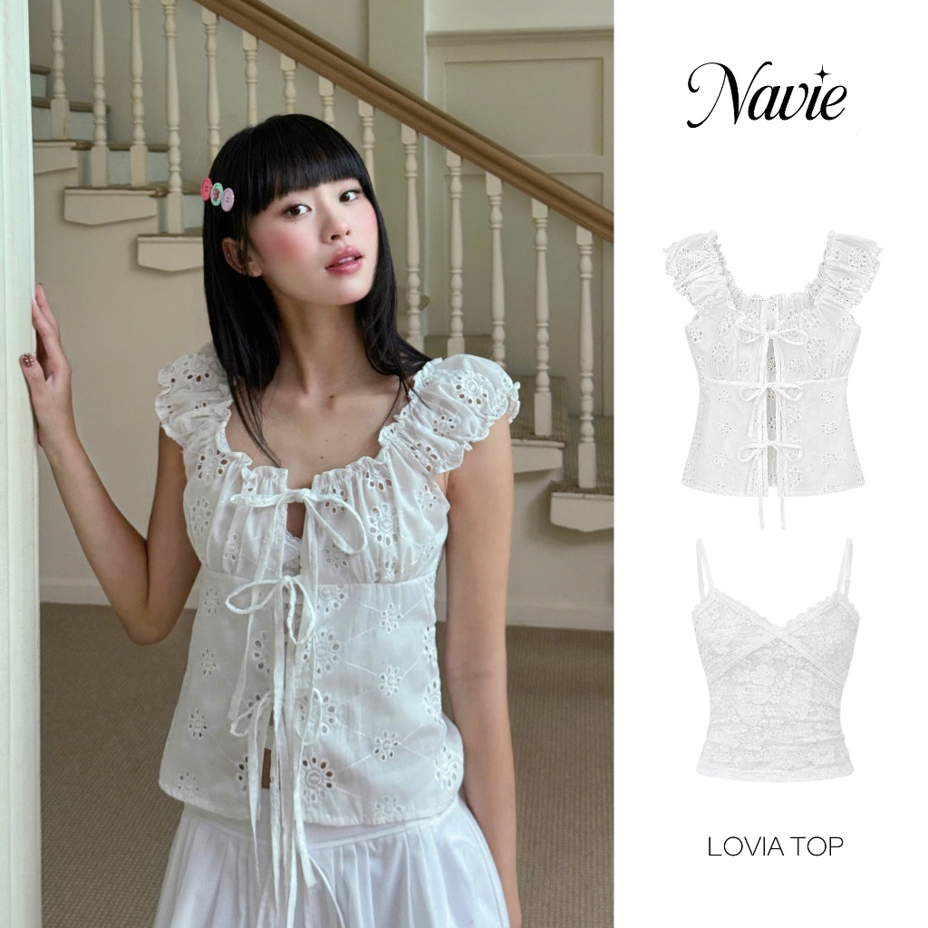 NAVIE -  ( Kèm áo 2 dây ) Áo kiểu thêu hoa LOVIA buộc nơ thời trang nữ