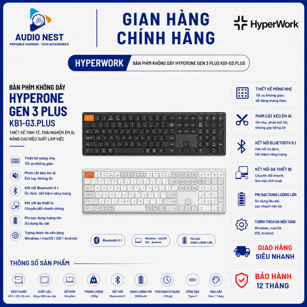 Bàn phím không dây HyperWork Hyperone Gen 3 Plus KB1-G3.Plus