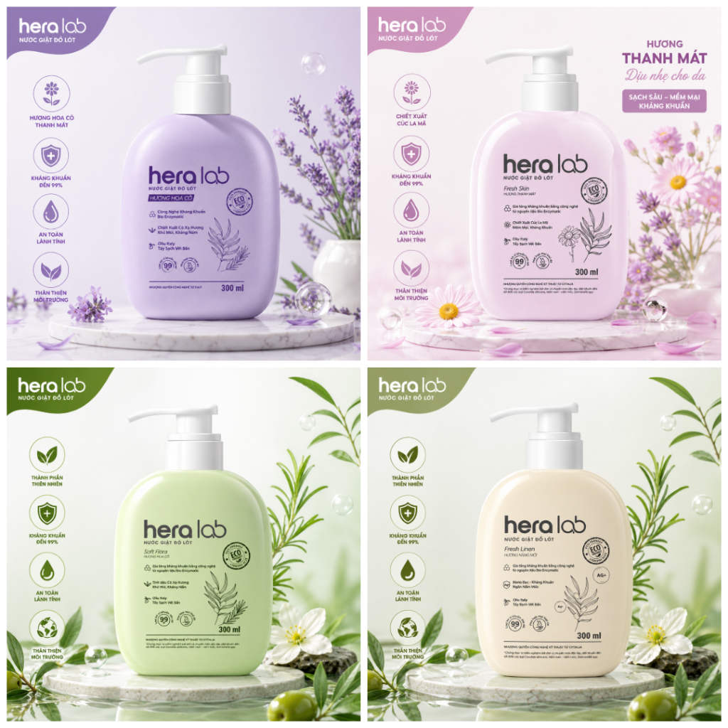 Nước Giặt Đồ Lót 300ml Hera Lab Nhiều Mùi Hương - Chai 300ml - Kháng Khuẩn, Dịu Nhẹ