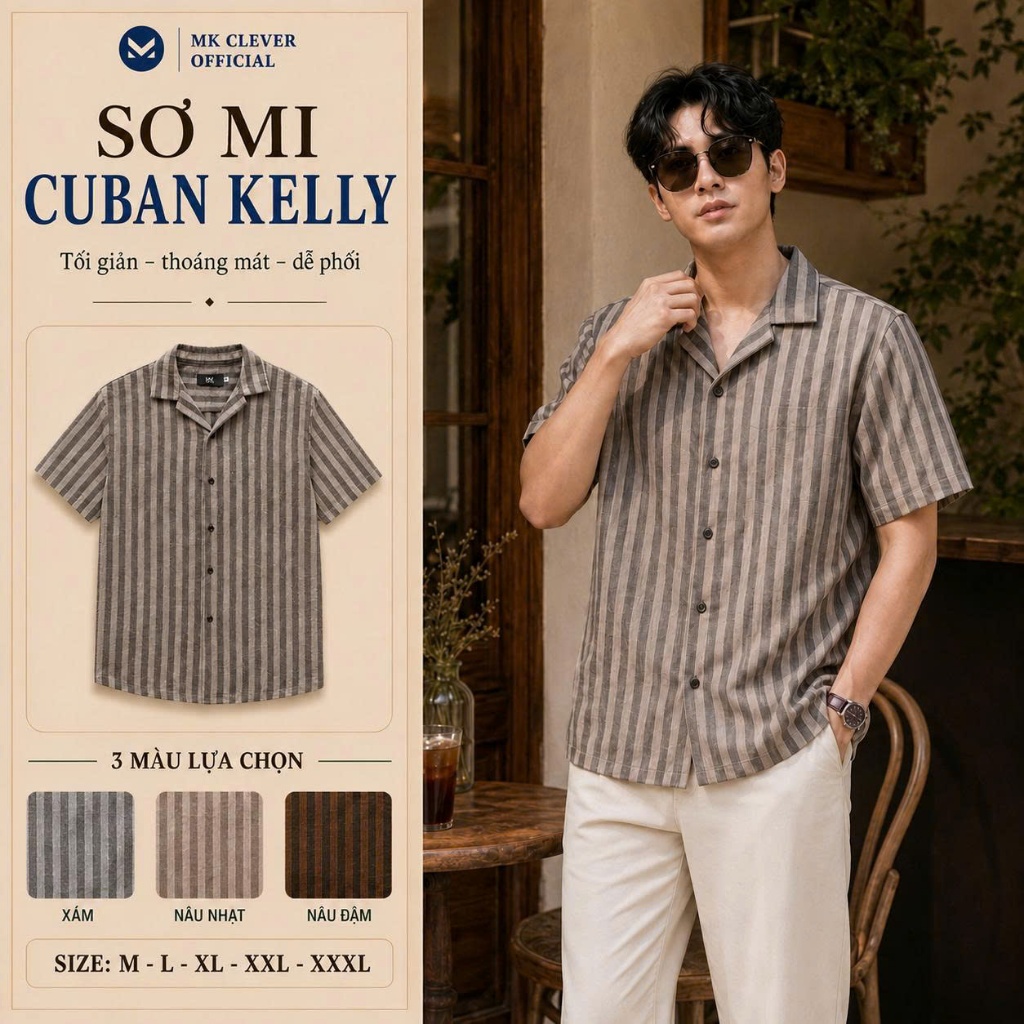 Áo sơ mi nam Cuban Kelly MK CLEVER Chất liệu đũi thô, thoáng mát, đứng form đến 95kg